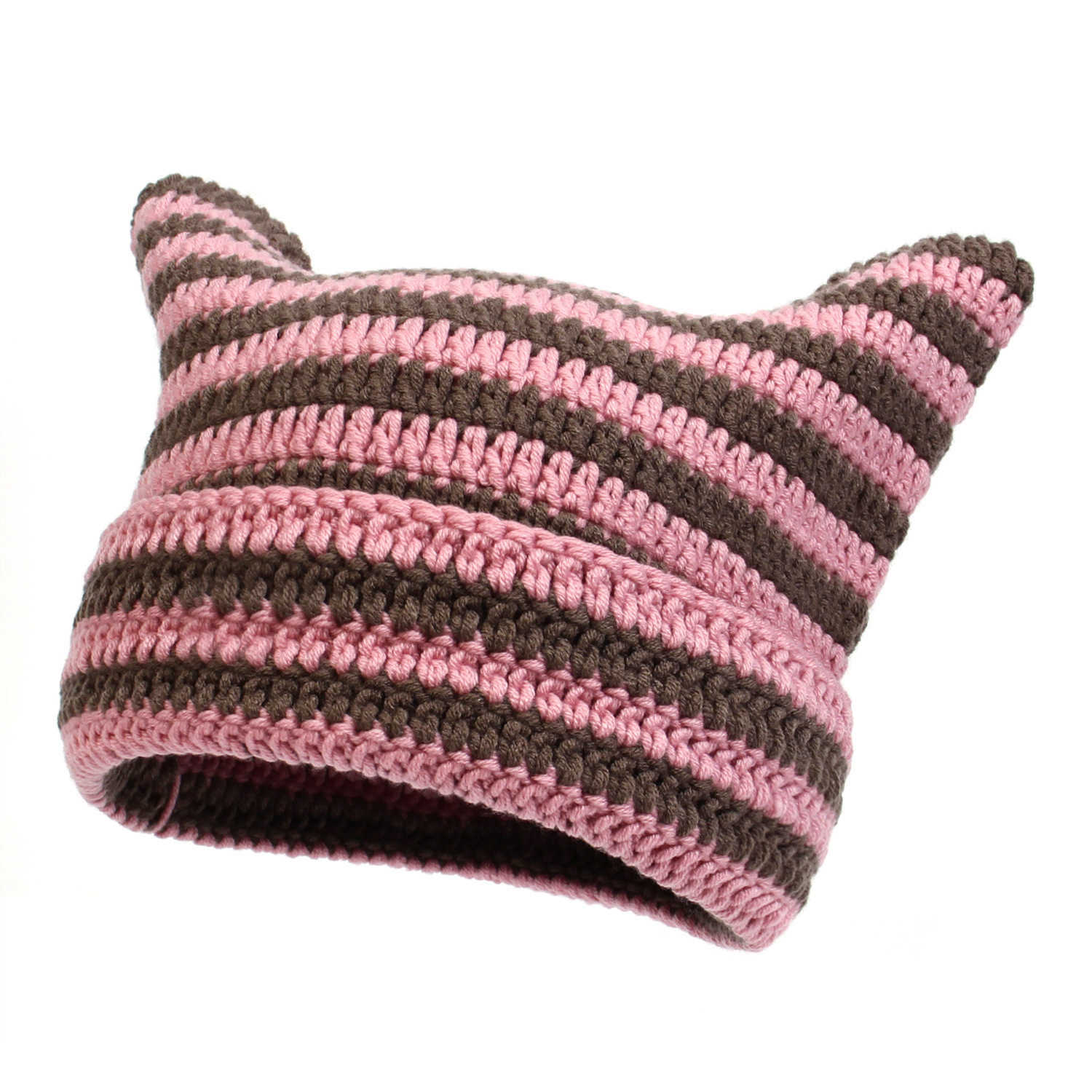 New Little Handmade Crochet Wool Hat Striped Hat Cute Cat Ears Casual Warm Hat H251020
