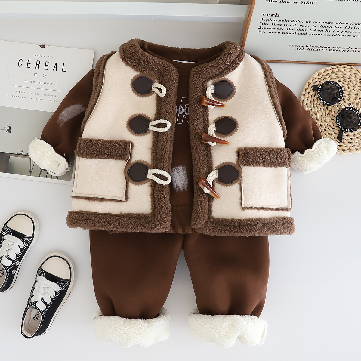 luxury kids clothing Ultra-Warm Kids 3-Piece Set 2025, Fleece-Lined Hoodie Vest Combo, Coordinated Winter Outfit for Toddlers Boys Girls