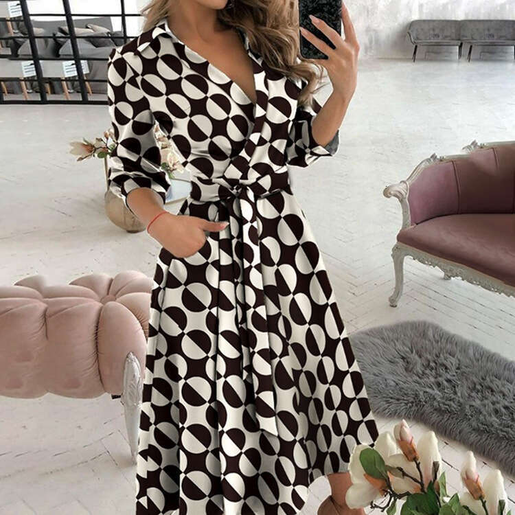 2025 Women's Autumn Fashion Printed Long Sleeve V-Neck Bodycon Commuter Dress 661