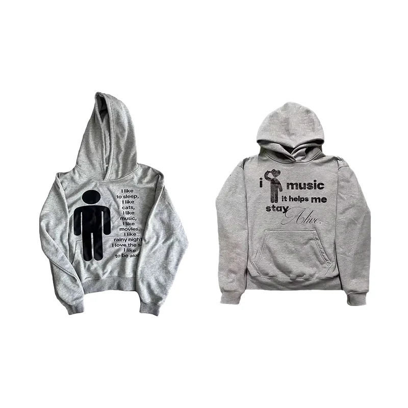 Music Graphic Inspirational Quote Printing Gray Long Sleeve Pullover Hooded Sweatshirt Y2K Men Women Fashion Casual Streetwear 251017
