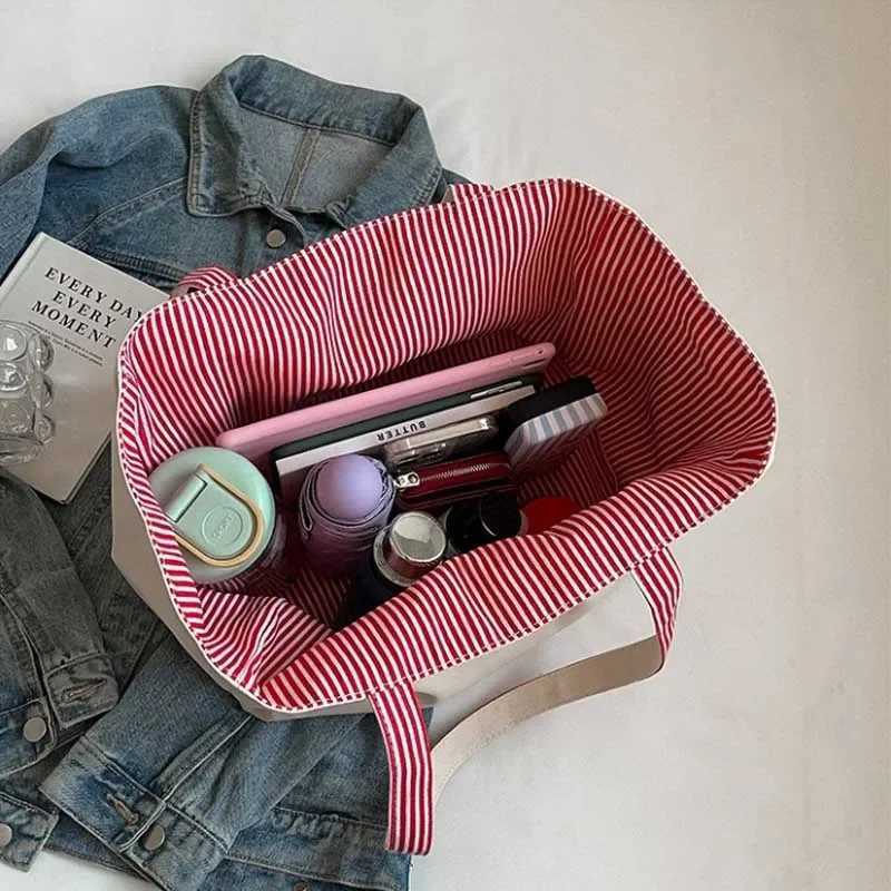 Casual Large Stripe Womens Shoulder Bag 2025 New Fashion Commuter Tote Bag High Capaci Canvas Handbag for Youth bolso mujerXJ251021