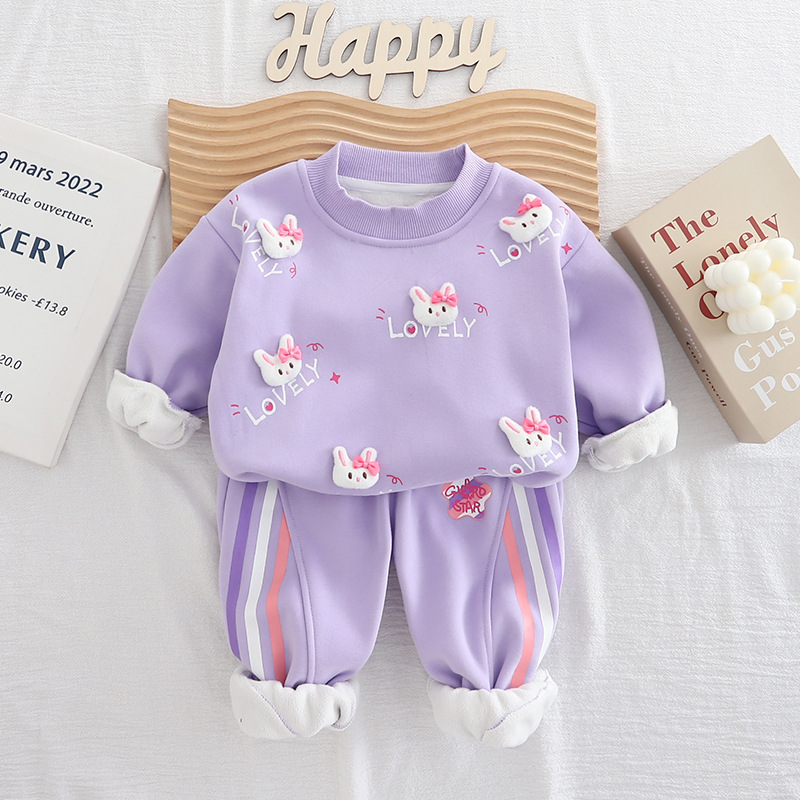 Free Shipping 2025 New Girls Fleece-Lined Sweatshirt Set 2-Piece, Korean Style Winter Outfit, Warm Hoodie & Joggers for Baby Girls