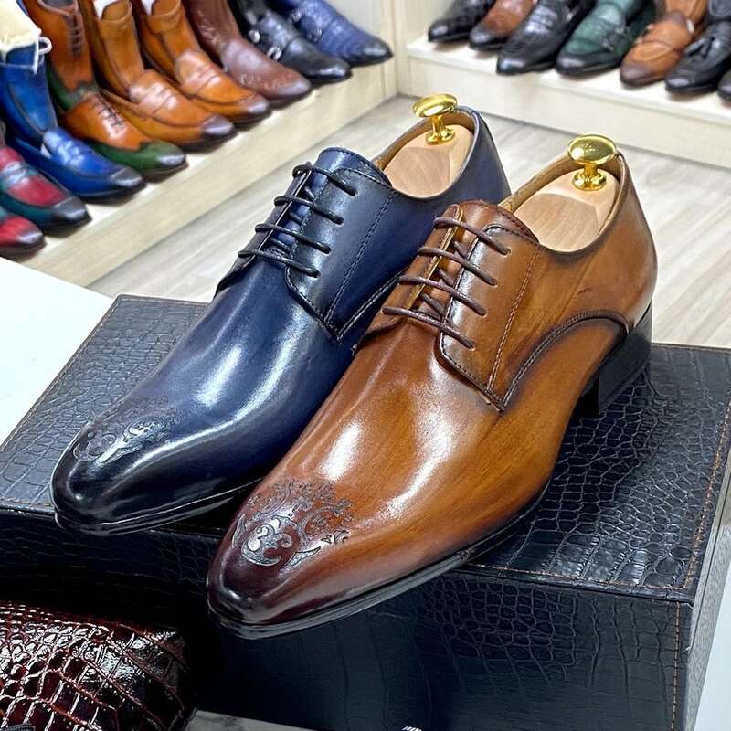 Business Casual Formal Derby Genuine Fashion Carved Pointed Leather Shoes Men Shoe