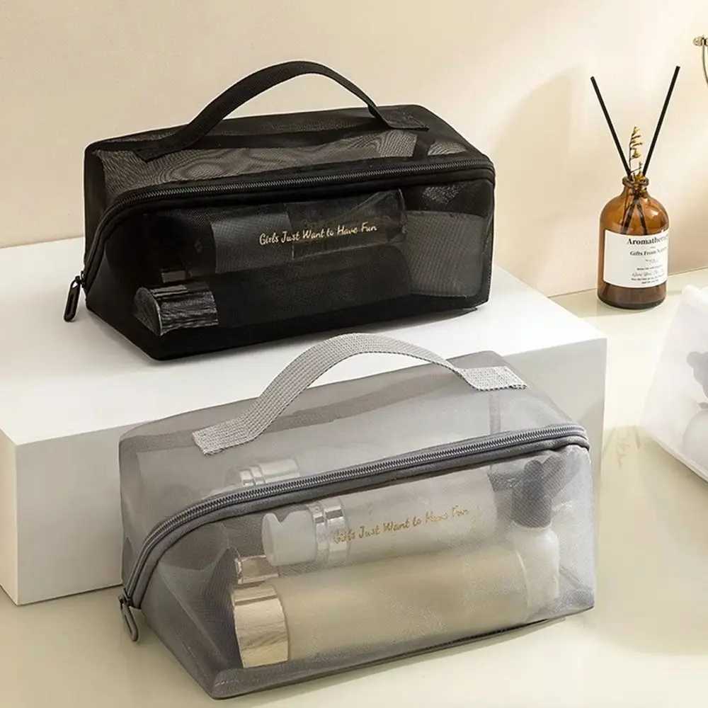 Large Capacity Solid Mesh Makeup Bag New Organizer Pouch Lightweight Transparent Wash Bag Solid Travel Storage BagW251021