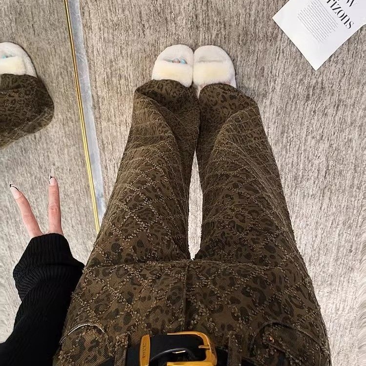 2025 Fashion American New Autumn/Winter High Street Leopard Pattern Women's Jeans Straight Tube Wide Leg Luxury Pants Designer Pants