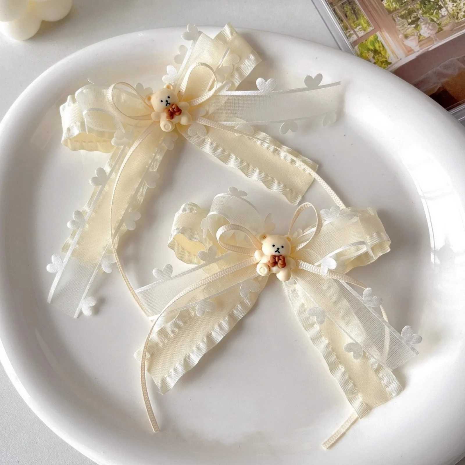 2PCS Cute Cream MultiLayer Ribbon Hair Clips Bangs and Seaside Clips Hair Rope Double Ponytail HeadwearW254021