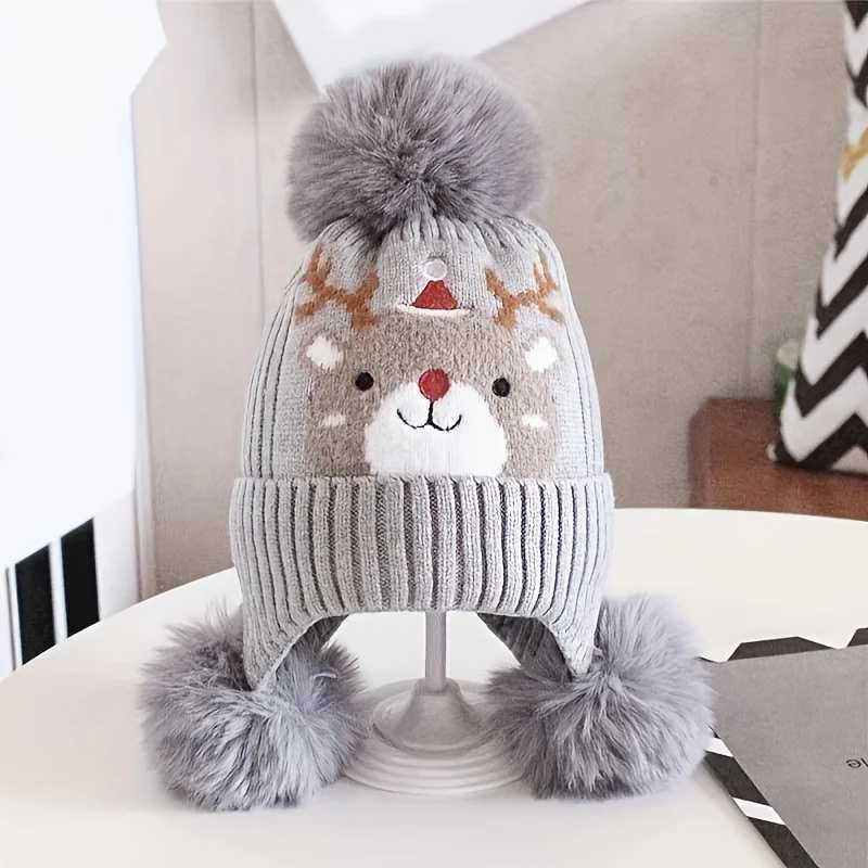 Youngsters Christmas Elk Beanie Hat with Detachable Ear Flaps PomPom Soft Stretchy Warm Winter Hat for Boys Girls J251021