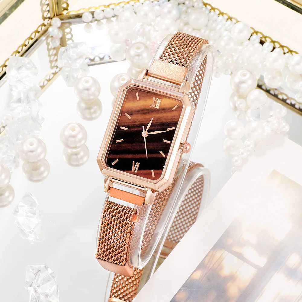 Women es Fashion Square Ladies Quartz Bracelet Set Green Dial Simple Rose Gold Mesh Luxury Women esXJ251021
