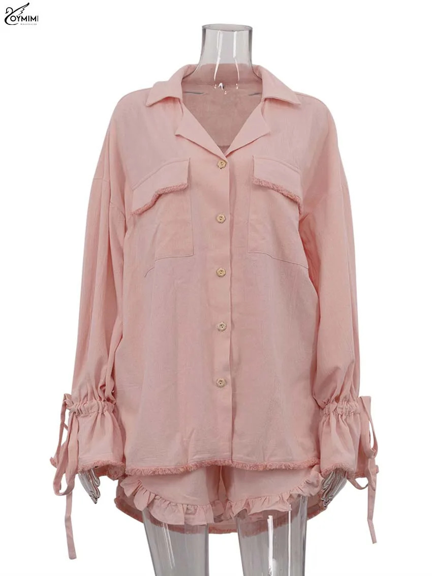 Oymimi Elegant Pink Cotton Sets For Women 2 Pieces Fashion Pockets Long Sleeve LaceUp Shirts And High Waist Ruffled Shorts Sets 251013