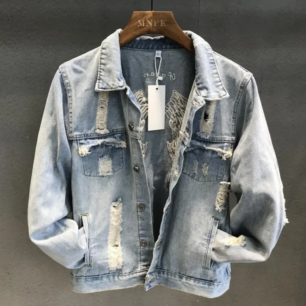 Cowboy Coat for Men With Hole Denim Jackets Man Loose Autumn Ripped of Fabric Menswear Fast Delvery In Price Stylish 251010