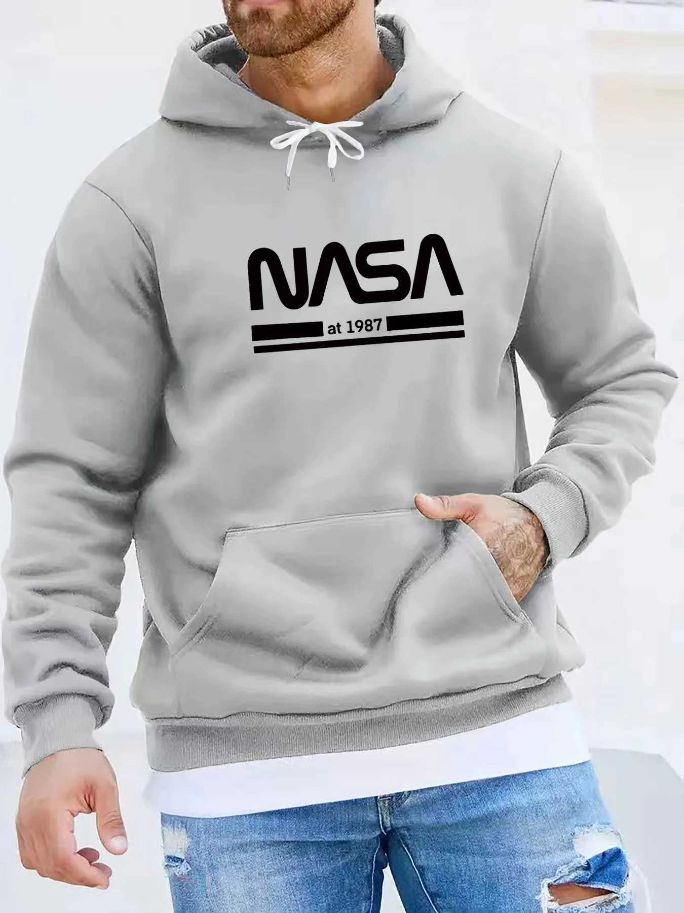 Mens autumn and winter casual fashionable loose hoodie NASA letter printed long sleeved warm pullover sweater W251021