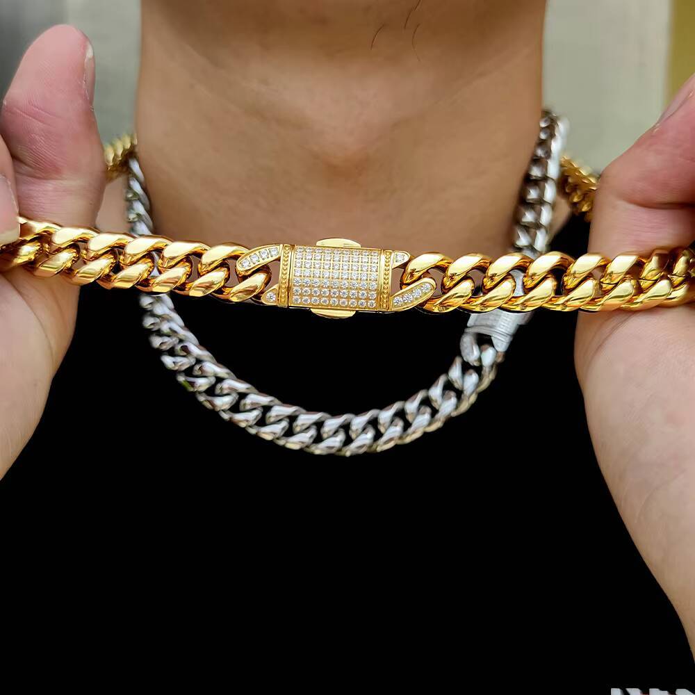 2026 Designer necklace 12mm HipHop Cuban Chain Stainless Steel Miami Cuban Chain 18k Gold Necklace for Men