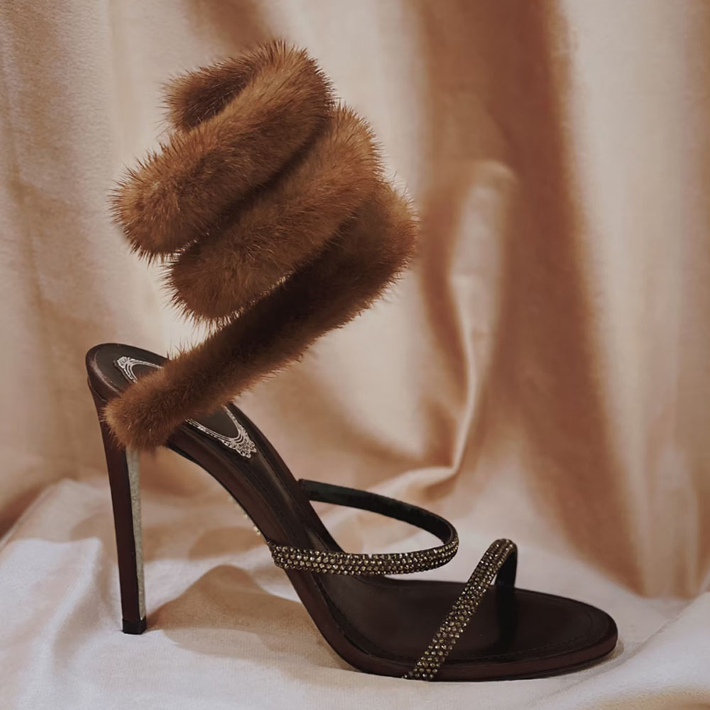 luxury Designer Women's High Heel Sandals Embellished with Crystals and Rhinestones Pink rabbit fur Stiletto Heel sandals Snake-like winding Dress shoes