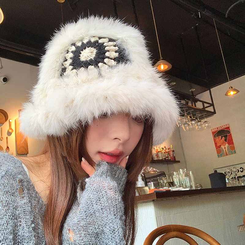 Rabbit Fur Lion Dance National Trend Knitted Hat for Women Cute Plush Fisherman Hat Fluffy Knitted Tiger Head Hat for Autumn and Winter H251020