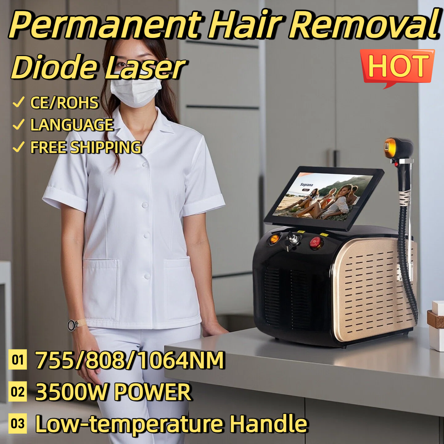 Best Depilator New Ice Platinum Cooling System Skin Care 808nm Diode Laser Hair Removal Machine 3-Wavelength 755/808/1064nm CE