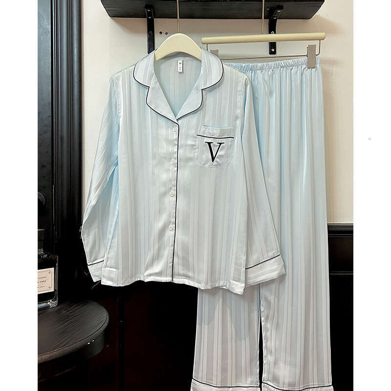 Water Blue Striped V Korean Style Sweet Women's Pajamas Autumn Winter Long Sleeve Ice Silk Comfortable Homewear Set