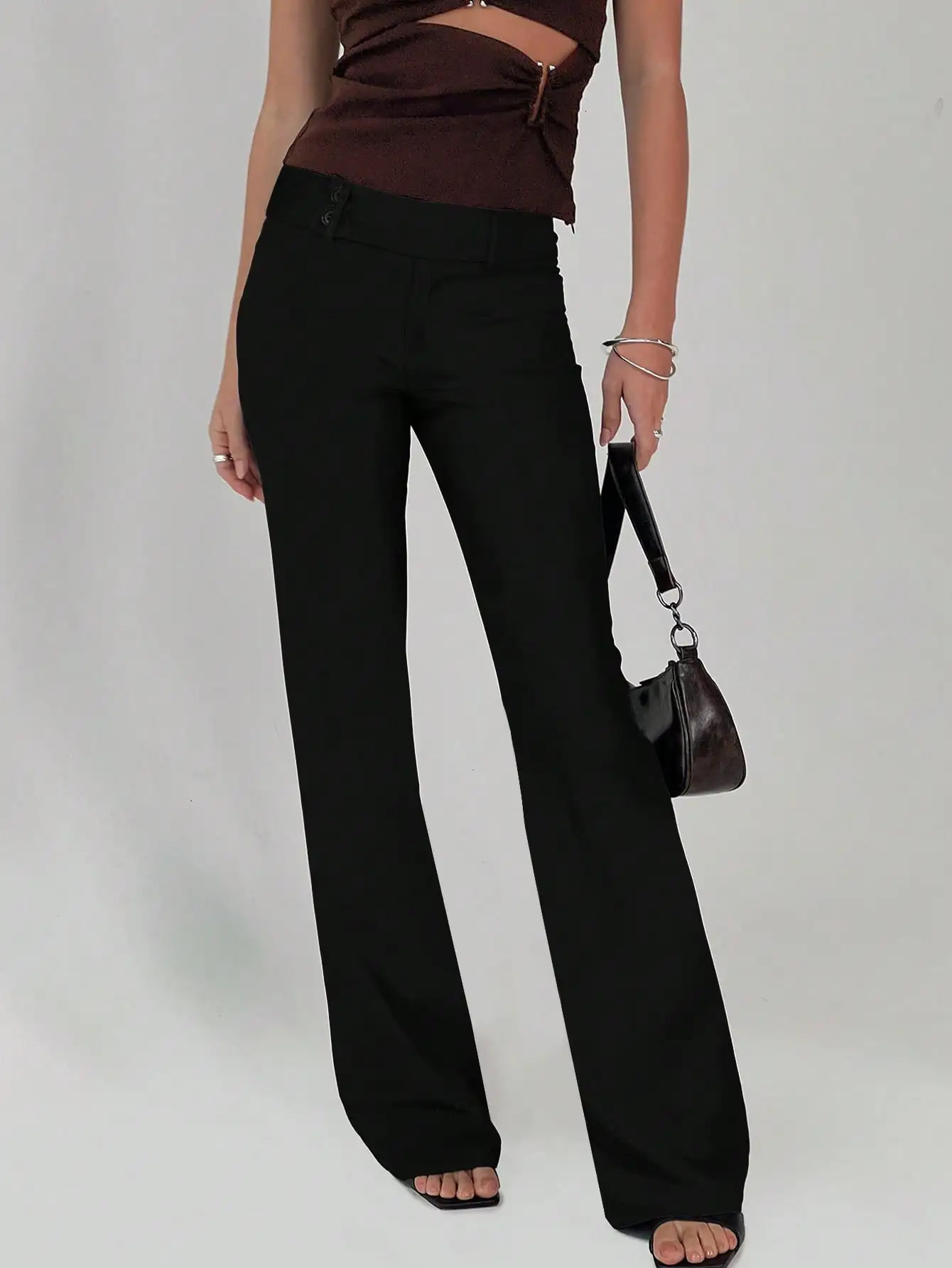 Women Low Drop Waist Casual Work Business Button n Elastic Color Block Striped Long Pants Suitable for Office 251017