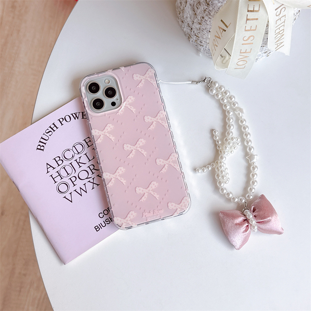 for iPhone 17/16 Case, with Hand Wrist Strap Lanyard, Bow Case , Wireless Slim Clear Ribbon Protective Phone Cover with Charm for Women Girl - Pink