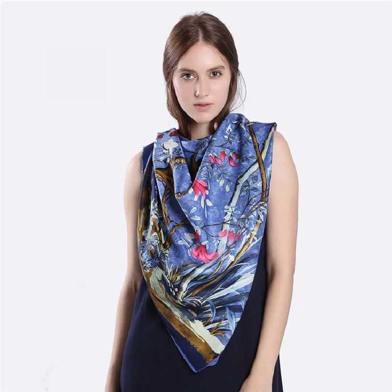 POBING Silk Scarf Women Large Shawls Back Garden Print Stoles Square Bandana Luxury Kerchief Hijab Female Foulards 130CM W251021