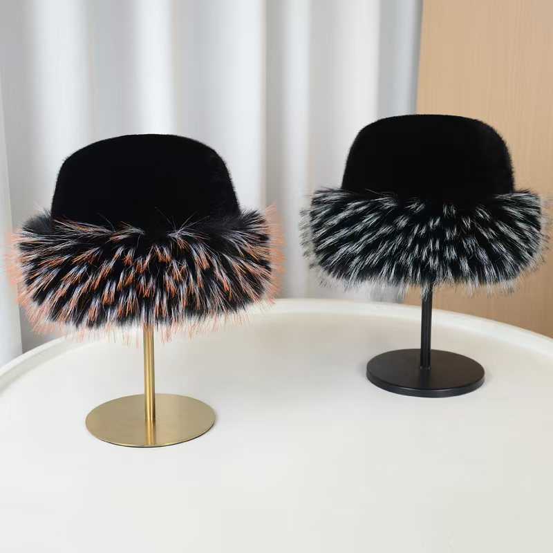 New Flat Top Hat Plush Hat Autumn Winter Thickened Warm Faux Mink Raccoon Fur Colorful Fur Tip H251020