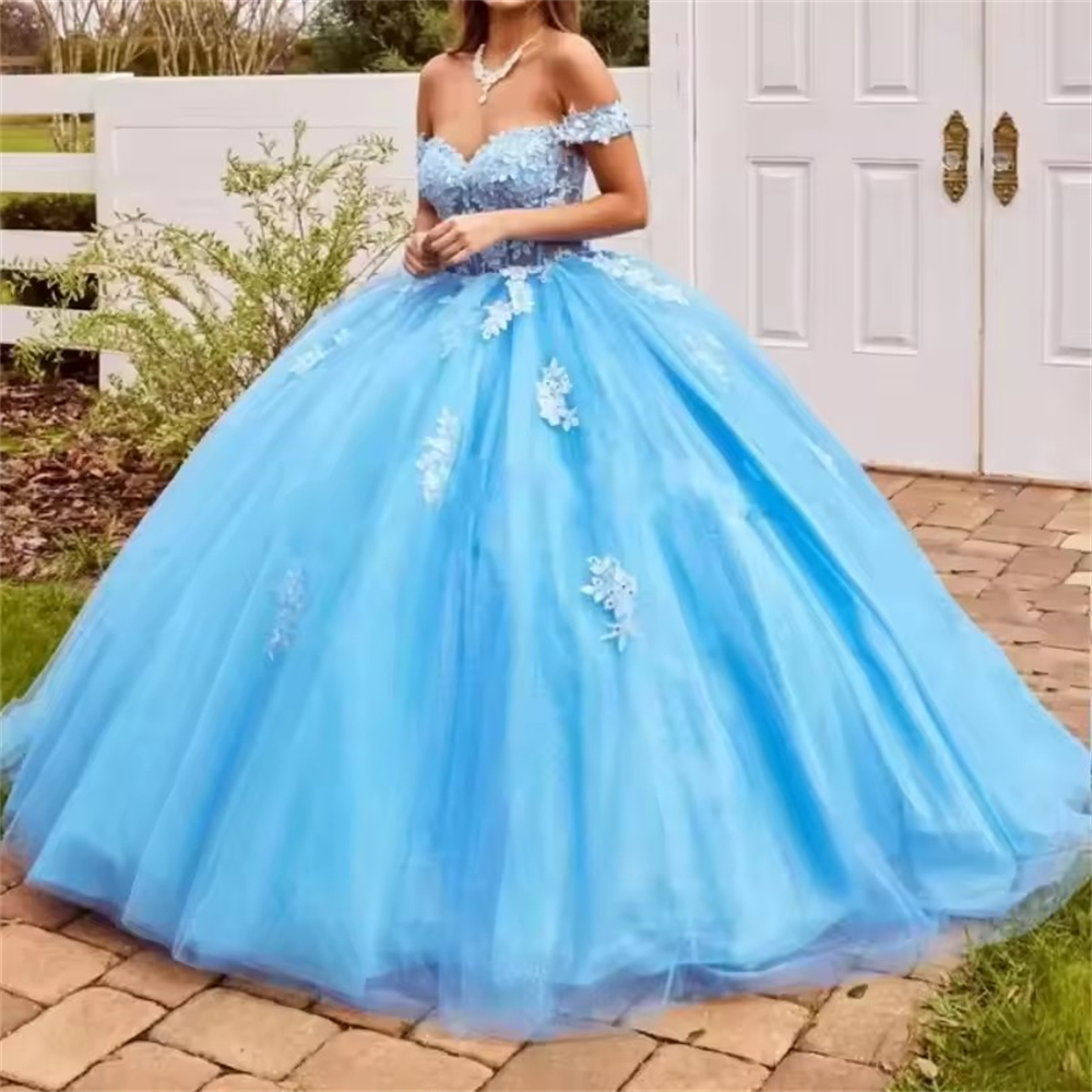 Ball Gown Quinceanera Dresses Blue Off Shoulder XV Vintage Appliques Lace Plus Size Customized Princess Sweet 15 16 Birthday Party Gowns Vestidos De 1