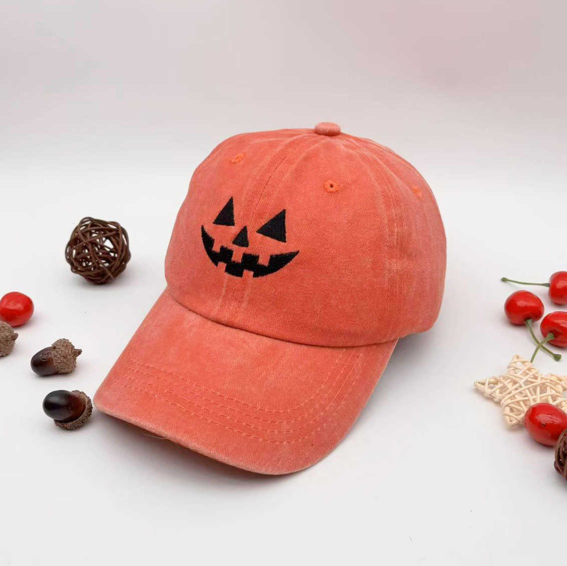 Washed Cotton Unisex Casual Baseball Cap Halloween Embroidered Pumpkin Baseball Cap H251020