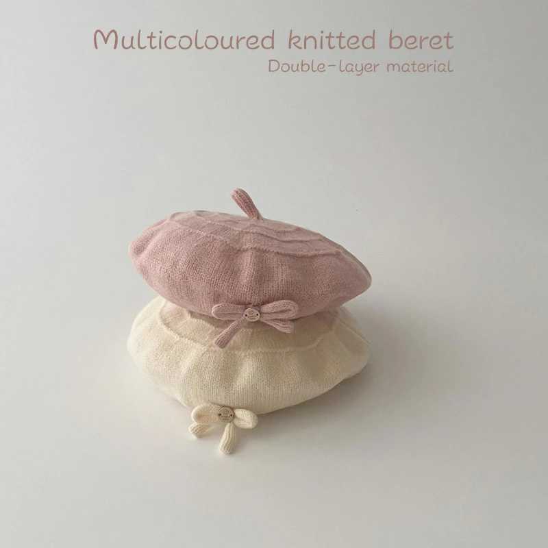 Korean Children Beret Sweet Bow Girl Baby Knitted Hat 624M Kids Winter Warm Woolen Cap Artist Painter Cap Soild Color Beanies J251021