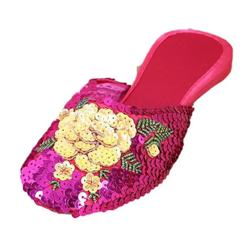 3640 Women Slippers Sequin Embroider Shoes Summer Silk Fabric Flats Flower Closed Toe Soft Sole Nonslip Chinese Style Footwear 251011