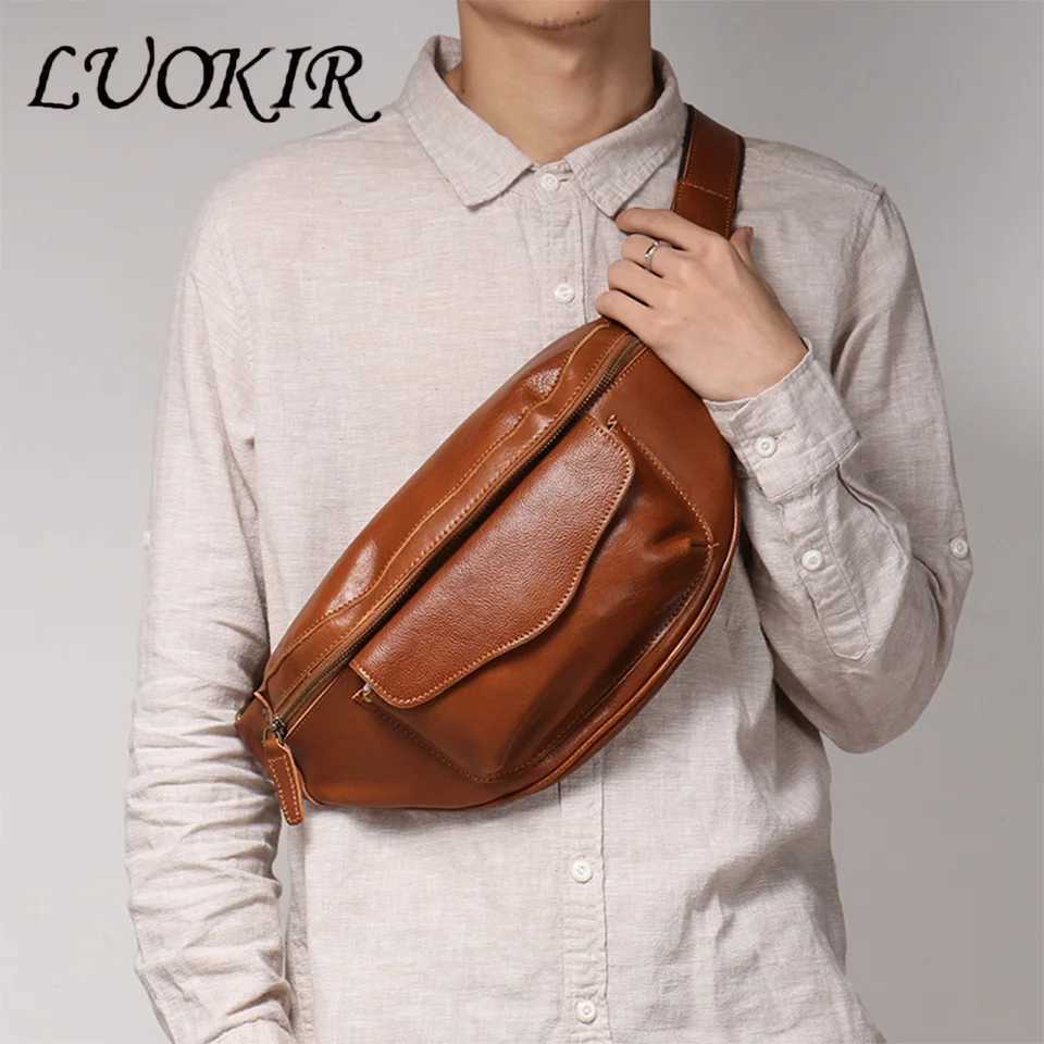LUOKIR Retro Leather Mens Chest Bag Vegetable Tanned Leather Casual Crossbody Bag Cowhide Shoulder Bag Z251021