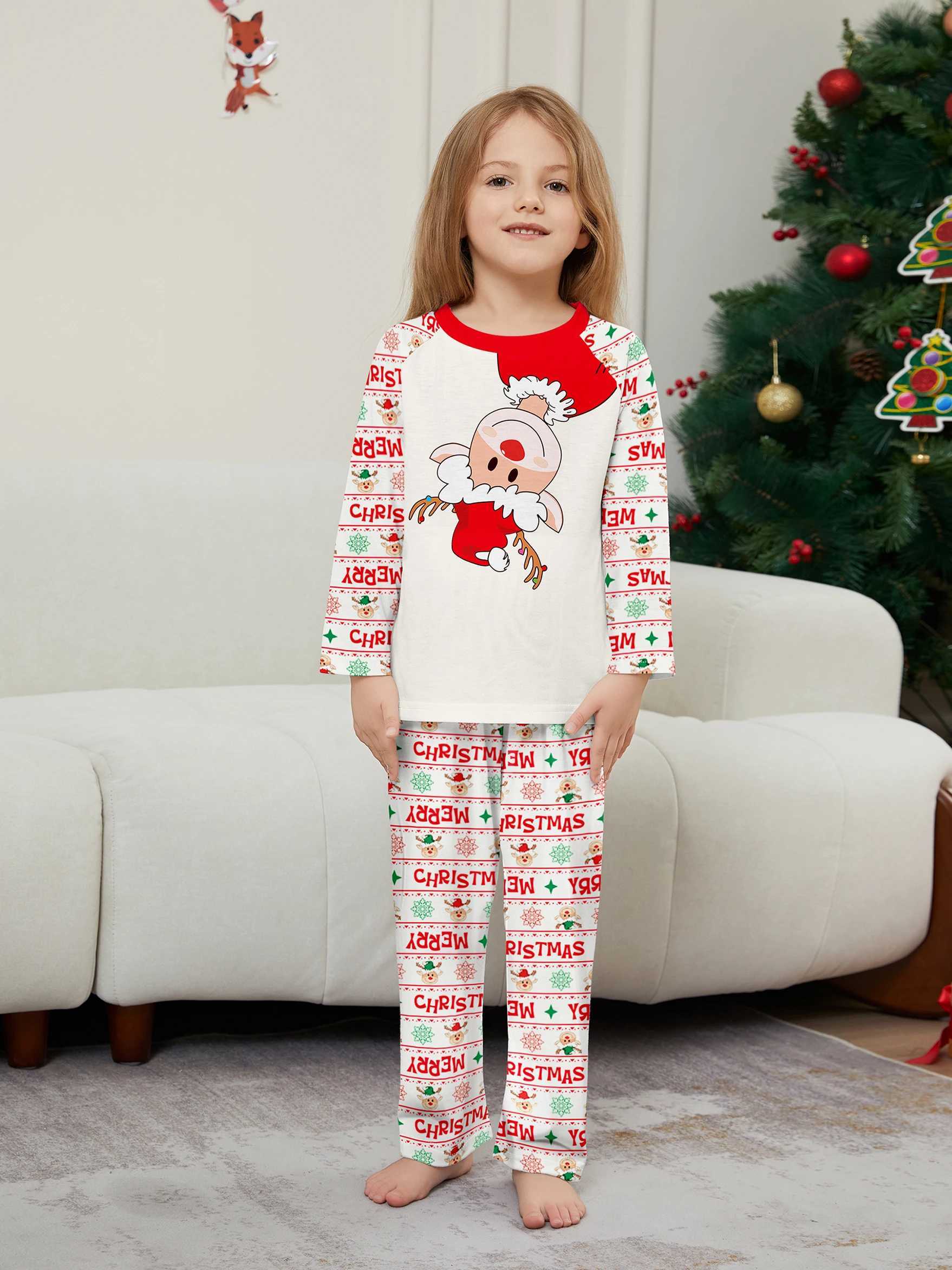Christmas Family Sleepwear Set Cartoon Reindeer Merry Christmas Print Red White Pajamas L251021GGD7