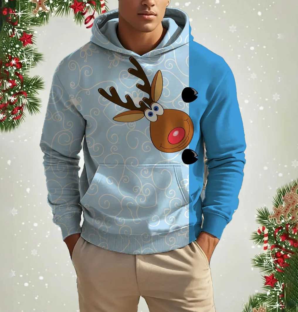Christmas Elk Print Mens Hoodies Sweatshirts Autumn Winter Casual New Year Clothing Fashion Loose Hooded Pullover Xmas Tops W251021