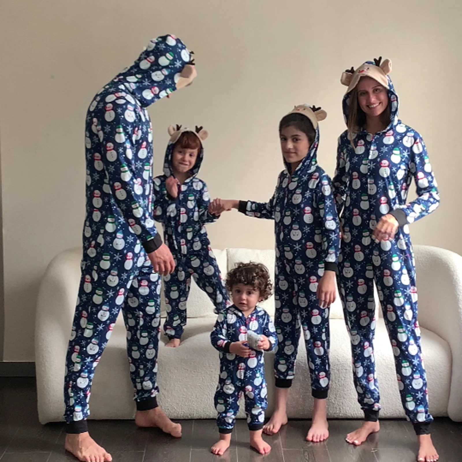 Combhasaki Family Matching Christmas Jumpsuits Pajamas Snowman Print Hooded Long Sleeve Playsuits Zipper Long Rompers Sleepwear L251021L6LP