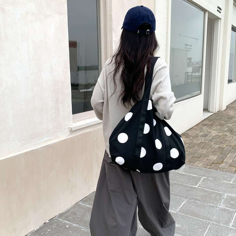 Korean Style Large Capacity Tote New Trend Simple Shoulder Women Fashion Design Polka Dot Canvas Bag B5