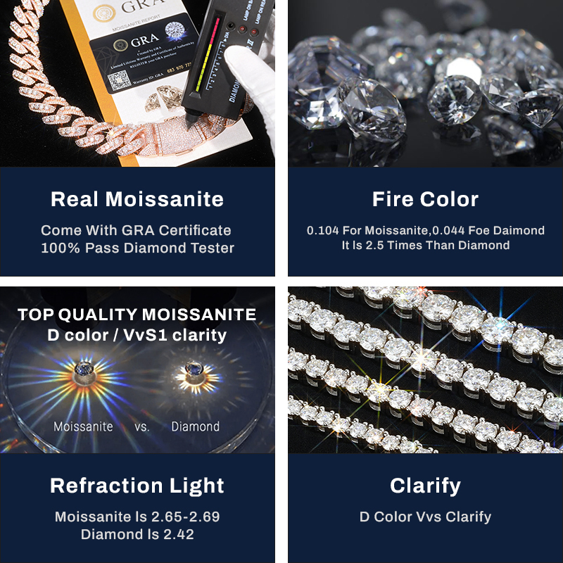 14mm 16mm 18mm 22mm Two Rows Moon Shape Ice Out Cuban Chain S925 Silver VVS Moissanite Raised Pointer Cuban Link Chain Men