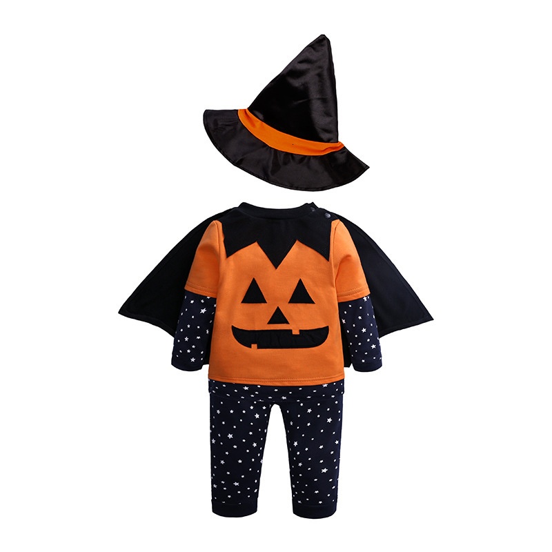 New hot selling designer baby Halloween pumpkin children's long sleeved long pants hat cloak four piece set