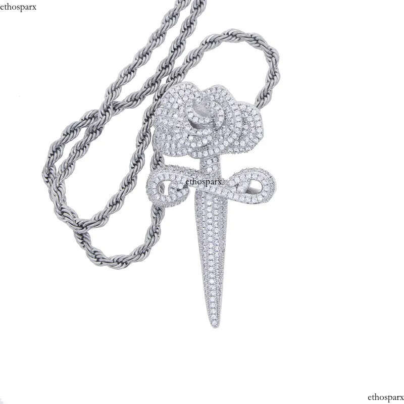 Hip Hop Rose Flower Cross Pendant Necklace 5A Zircon White Gold Plated Religious Jewelry