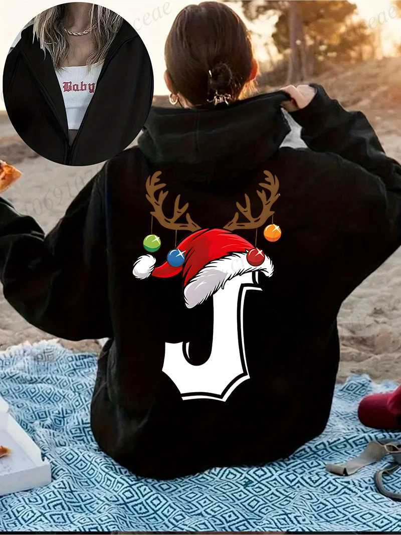 Retro Print Reindeer Hat Alphabet Style Hoodie Y2k Harajuku Casual Zipper Hoodies Sweatshirt Xmas Party Fashion Street Clothing W251021