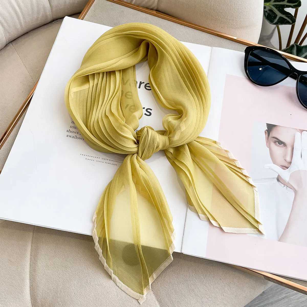 Women Pleated Satin Solid Scarf Headscarf Neckerchief Square Shawl Hair Tie Band HandKerchief Satin Foulard Scarves Decorative W251021