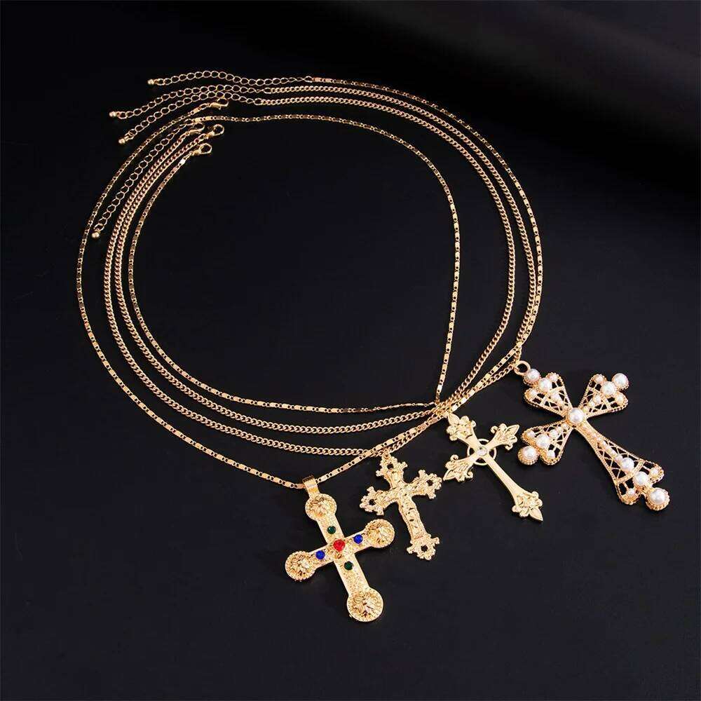 4Pcs/Set Zircon Cross Pendant Necklace Set For Women Vintage Adjustable Gold Color Long Chain Statement Y2k Jewelry
