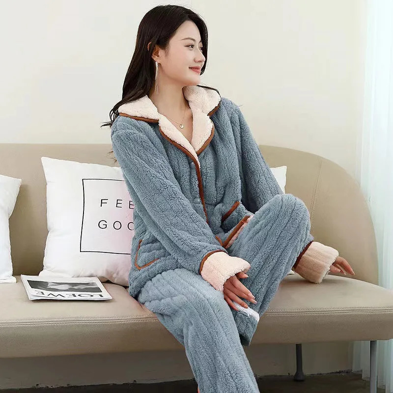 Pyjamas Winter Coral Velvet Thickened and Fleece Long Sleeve Trousers Flannel Twopiece Set Cosy Thermal Pajamas Both Men Women 251021