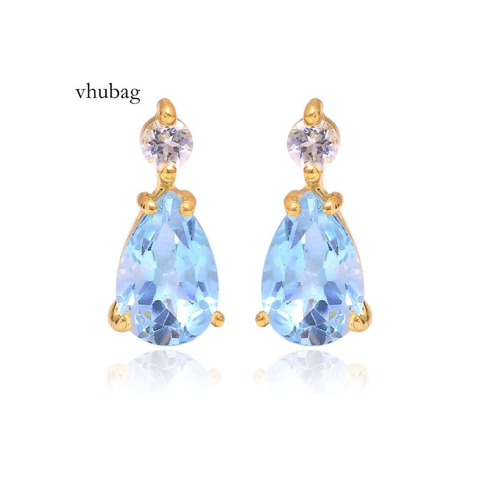 Pure Sier Natural Blue Topaz and Mosan Handmade Jewelry Gold-Plated Earrings