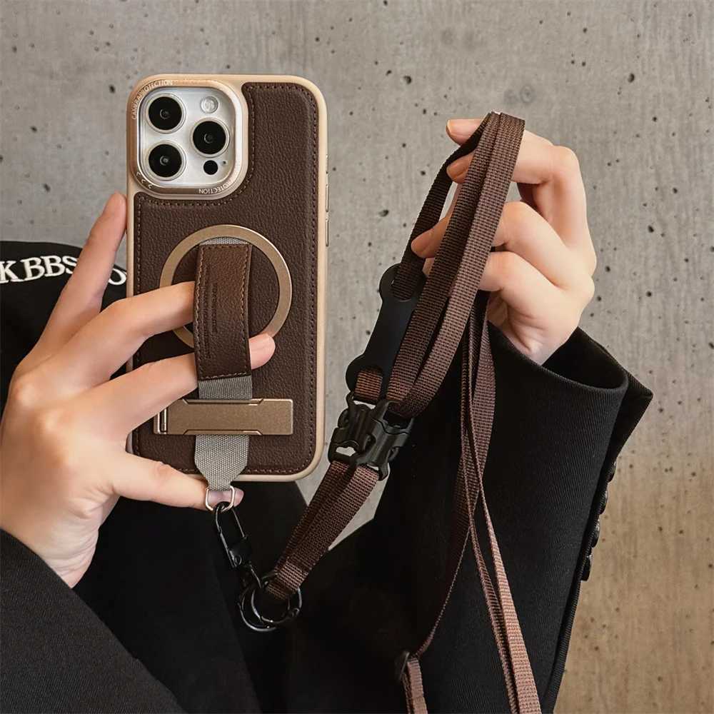 Crossbody Wrist Strap Rope Holder Phone Case for IPhone 16 Pro Max 15 14 13 Pro Magnetic Bracket Leather Protective Case J251114