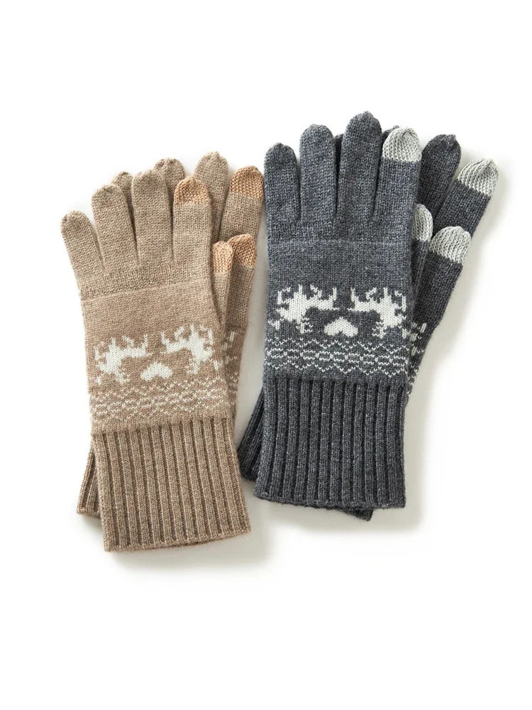 Women 100 Cashmere Jacquard Knitted Gloves Touchscreen Autumn Winter Christmas Gloves Warm Wrist Length Classic Female Mittens 251020