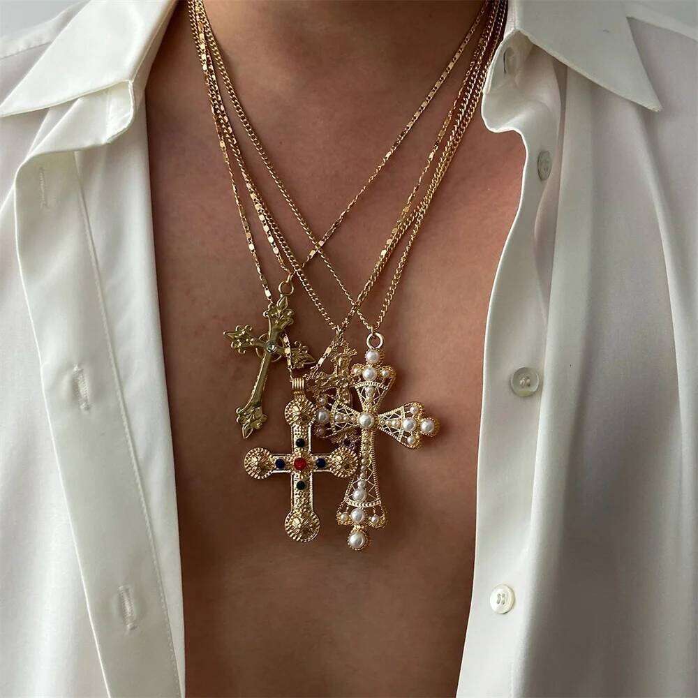 4Pcs/Set Zircon Cross Pendant Necklace Set For Women Vintage Adjustable Gold Color Long Chain Statement Y2k Jewelry