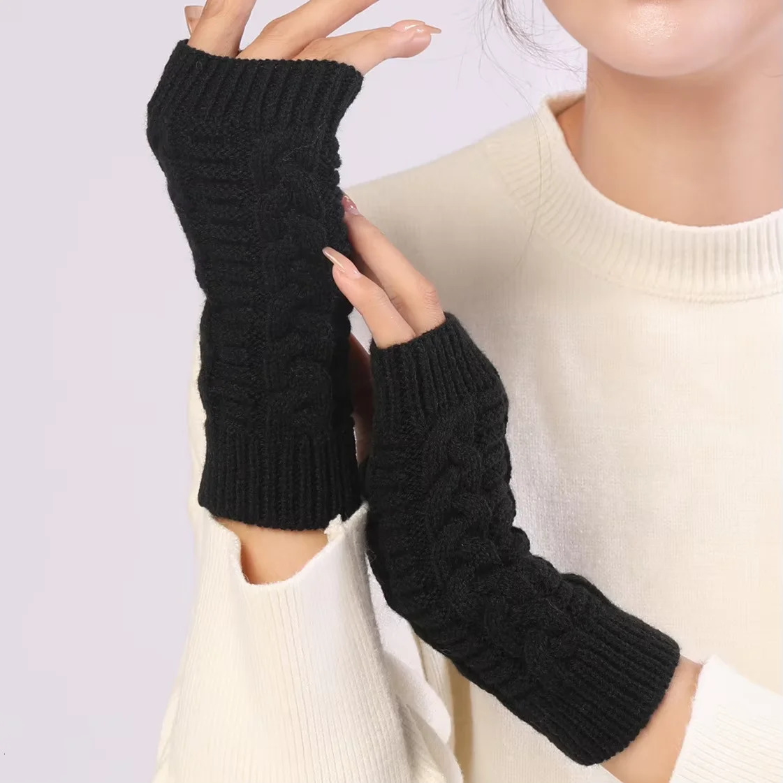 Winter Soft Warm Knitting Arm Gloves Twist Pattern half finger gloves Unisex Mitten Guantes Enabled Touchscreen Warm gloves 251020