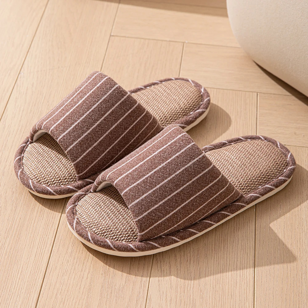 Fashion Flax Vertical Stripes Spring and Autumn Womens Slippers Indoor Warm Bedroom Antislip Soft Sole Comfy Couple Homeshoes 251021