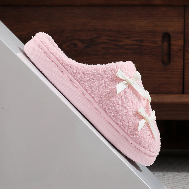 ins autumn and winter plush cotton slippers women warm indoor cute girl bow pink slippers 251021