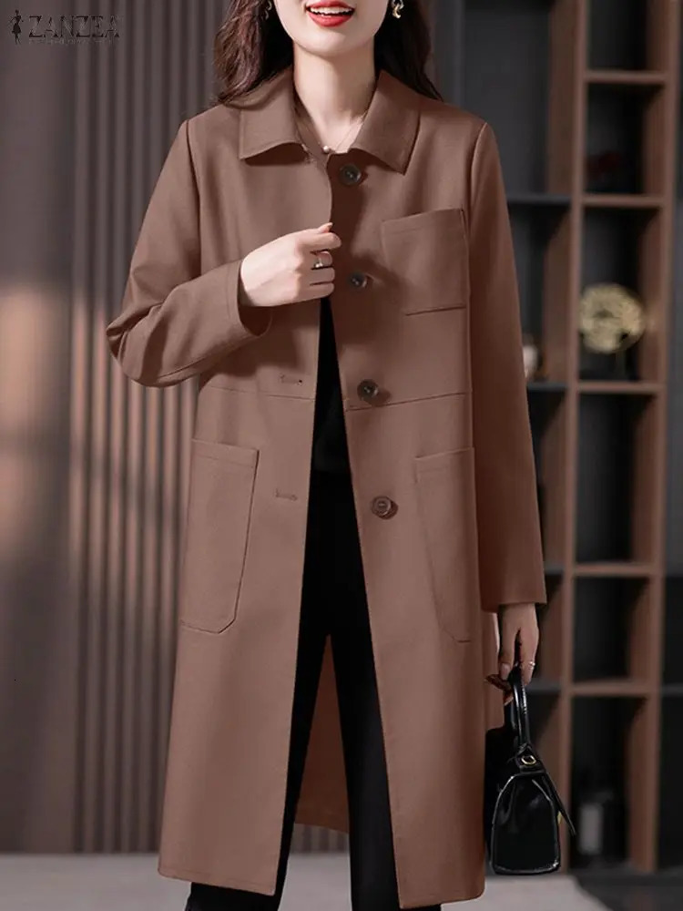 Women Autumn Trench Coats ZANZEA Fashion Lapel Long Sleeve Windbreaker Solid Outwear Office OL Coat Jackets Oversize 251017