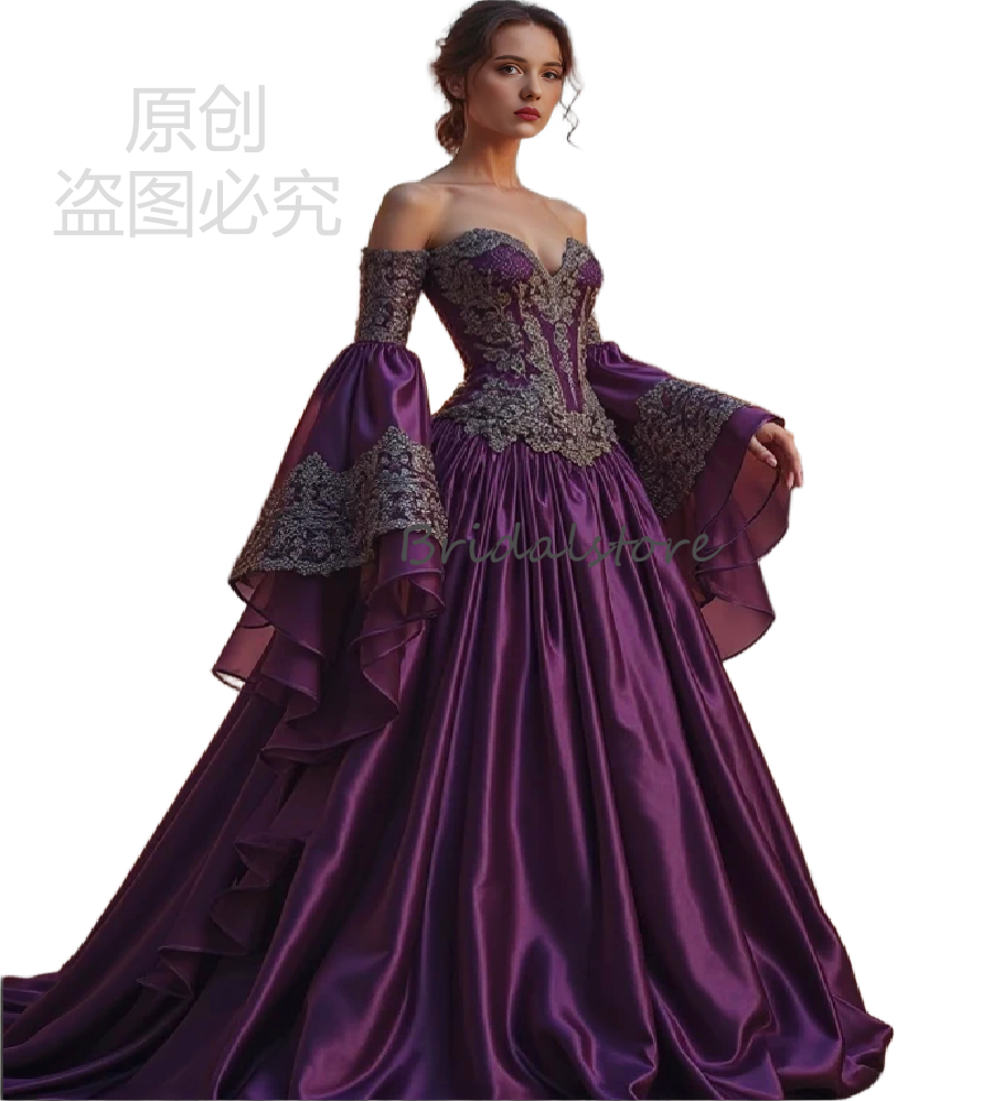 Early Medieval 1860s Evening Dress With Flare Sleeves Lace A Line Viking Age Prom Dress 2026 Renaissance Historical Reenactment Formal Occasion Birthd