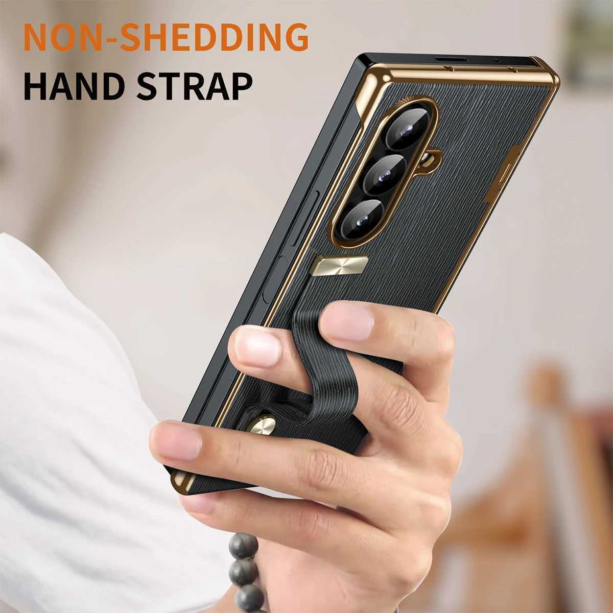 Luxury Electroplated Leather Wristband Holder Phone Case For Z Fold 3 4 5 6 7 Tempered Film Folding Protective CoverY251021